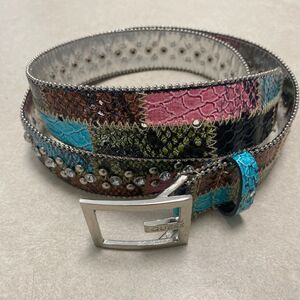 GUESS Patchwork Rhinestone Belt Multicolor Faux Snakeskin Women's Size XL